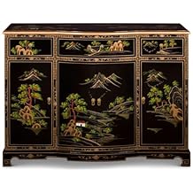 Black Lacquer Chinoiserie Scenery Motif Oriental Cabinet