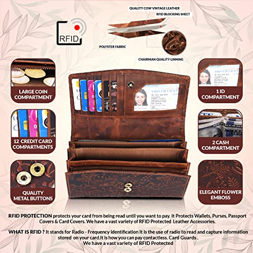 Levogue Rfid Flower Embossed Leather Wallet For Women-Multi Credit Card Slots,Mobile Case Coin Purse With Id Window-By Valenchi (Cognac Vintage) #TOP2