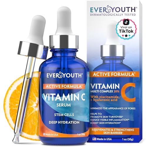Vitamin C Serum for Face, Stem Cells, Niacinamide, Hyaluronic Acid & Vitamin E – Anti-Aging Retinol Facial Serum with Glycolic Acid & Retinal for Brightening, Hydrating & Firming Skin – Made in USA