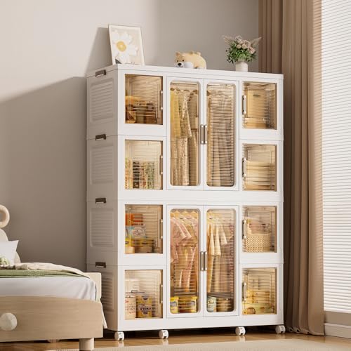 Portable Wardrobe Closet Storage Organizer for Clothes,Clothes Dresser,12 Magnetic Doors-12 Cubes & 2 Hanging Rod,16 pcs Hangers, Baby Wardrobe Storage Cabinet,White