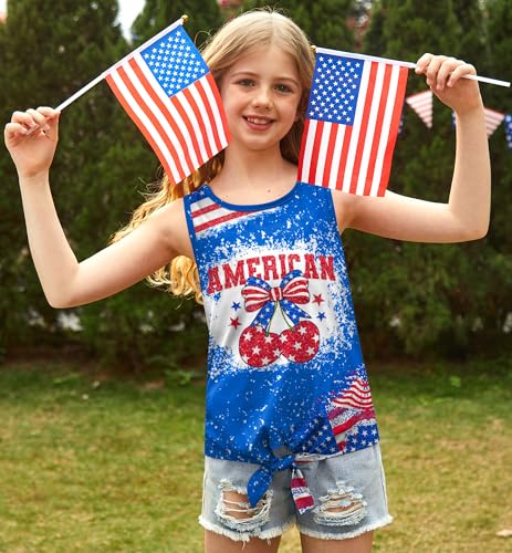 Image of July 4th Girls Patriotic Sleeveless Tie Knot Front Tank Top Stars Stripes Tee Shirt 4-14 Years