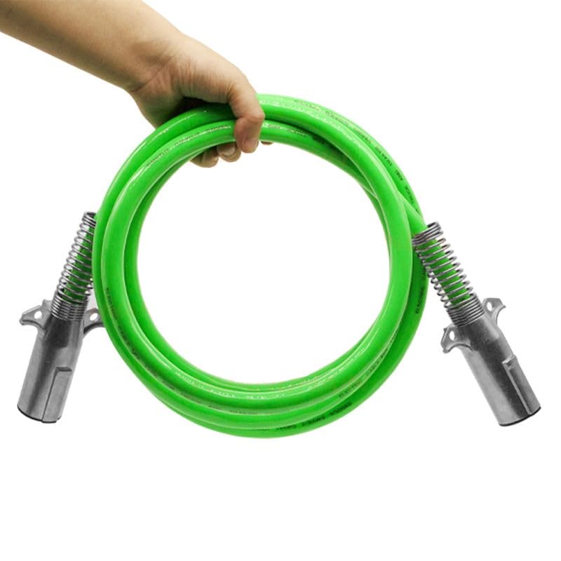 7-Way Coiled Trailer Cord, Green, 15 ft, Pure Copper Conductor, PVC/TPE Jacket, IP66, for Truck, Trailer, and RV