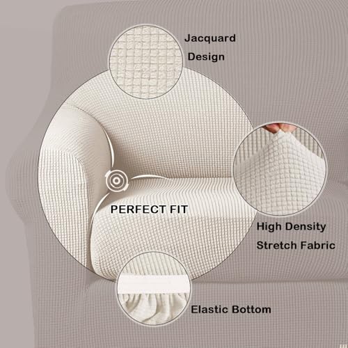 Image of Turquoize Stretch Sofa Slipcover 2 Pieces Sofa Cover Couch Cover for 2 Cushion Couch Washable Furniture Protector Covers with Elastic Bottom Feature Thick Jacquard Fabric (Loveseat, Ivory)
