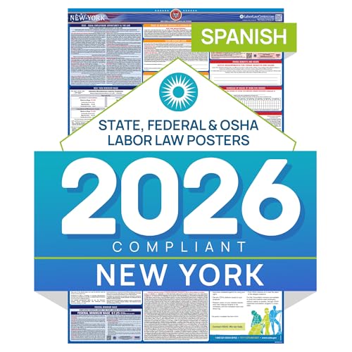 2026 New York Labor Law Poster – State & Federal Compliance in Spanish – OSHA, EEOC, FMLA, Minimum Wage – Durable, Laminated & Waterproof Workplace Employment Poster – Made in USA – 26” x 39.5”