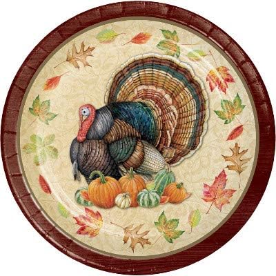 Fall Season Thanksgiving Party Decorations, Harvest Turkey Pattern Printed 9 Inch Round Paper Plates, Box of 96