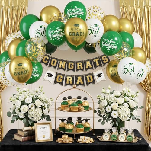 Image of Graduation Balloons, 50 Pcs Green Gold for Class of 2026 Grad Party Decor