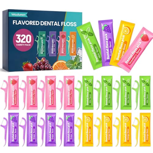 320 Pcs Dental Floss Picks Individually Wrapped Floss Sticks -4 Flavors (Mint Grape Strawberry Orange) -Travel Tooth Picks Flossers for Adults Oral Care Flossers for Deep Teeth Cleaning