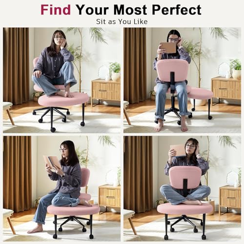 Image of VITESSE Cross-Legged Ergonomic Chair 360 Swivel with Wheels, Adjustable Meditation Seat for ADHD, Lumbar Support, Teddy Fabric Home Office Chair,Pink