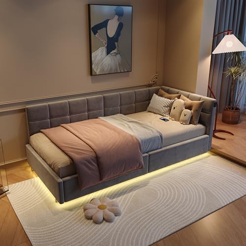 QMTXBYJ Polsterbett Kinderbett 90x200 mit LED und USB-Anschlüssen, Jugendbett 90x200 mit Hydraulischer Stauraum, Schlafsofa Einzelbett Daybett Tagesbett Gästebett Bettgestell mit Lattenrost,Samt