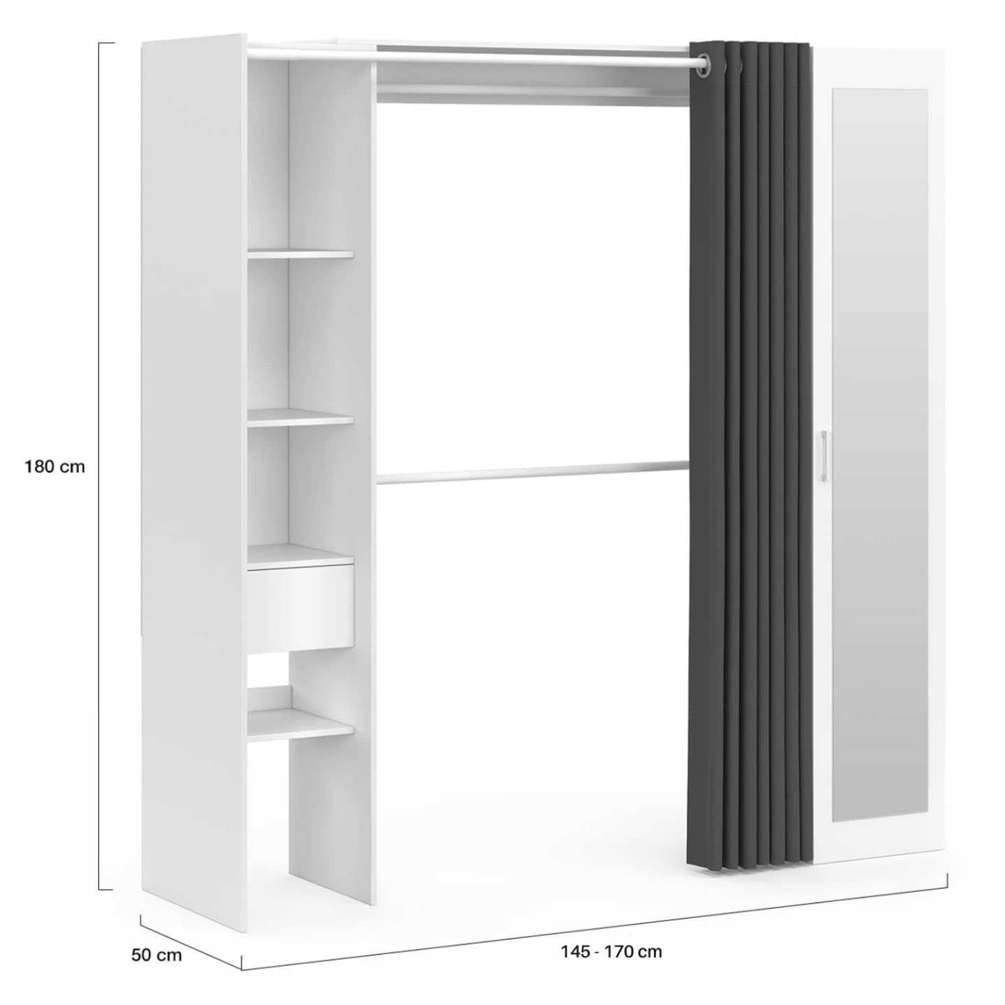 IDMarket - Dressing extensible MERYL 145/170 x 50 x 180 cm blanc avec étagères + double penderie + miroir + rideau gris