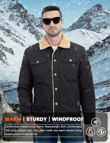 MAGCOMSEN Men Varsity Jacket Casual Coats Fur Fleece Lined Jackets Cotton Breathable Jacket for Men Button Down Coats Winter Windproof Jacket with Multi Pockets, Black - Image 3