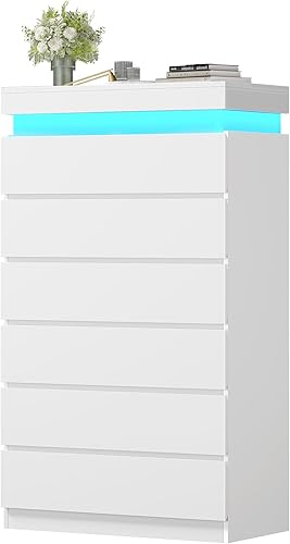 Miniatura 8 de Cómoda alta con 6 cajones y luz LED, cómoda moderna en blanco para dormitorio, cómodas de armario con cajones para sala de estar, entrada, pasillo