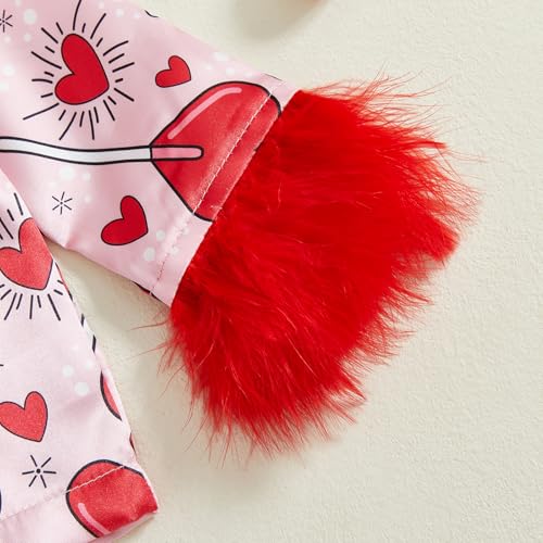 DuAnyozu Toddler Baby Girl Satin Valentines Pajamas Set Feather Trim Heart Print Little Girl Valentines Pjs Spring Clothes3