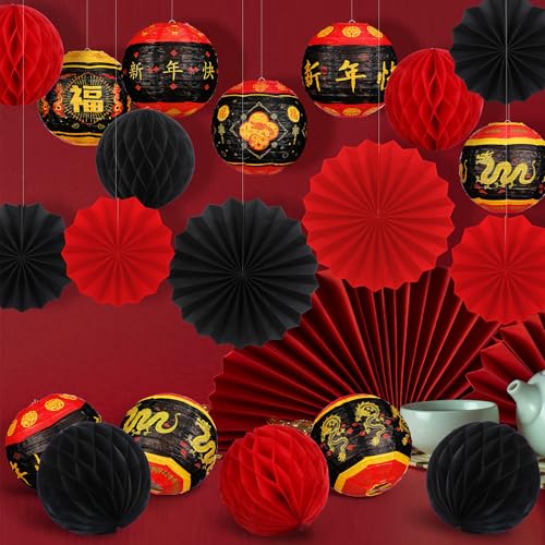 Image of Retisee 18 Pcs 2026 Chinese Lunar New Year Decorations Lunar New Year Paper Lanterns Hanging Paper Fans Red and Black Honeycomb Balls Chinese Lanterns Asian Decor for Spring Festival Celebration