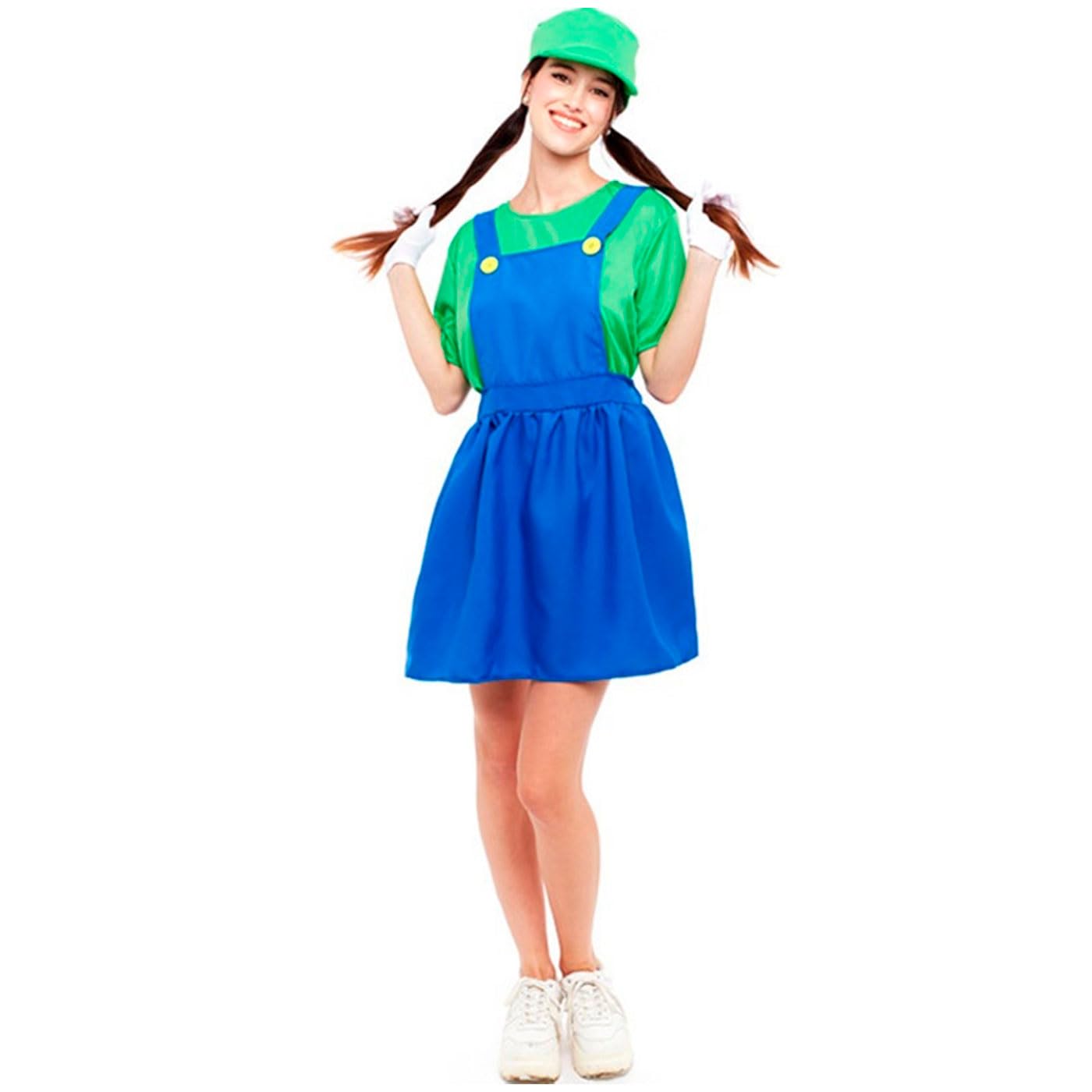 Acan Tradineur - Disfraz de fontanera verde para adulto, 100% poliéster, incluye gorro, camiseta y peto, atuendo de carnaval, Halloween, cosplay (Mujer, Talla M)