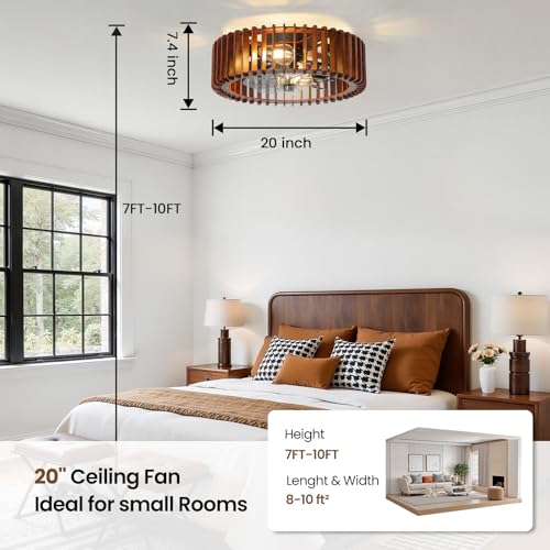 Image of 20 inch Farmhouse Wooden Caged Flush Mount Ceiling Fan with Lights, DC Motor, 6 Speeds Remote Control, Low Profile Bladeless Fandelier for Bedroom, Kitchen, Living Room
