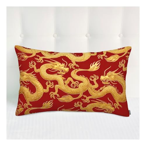 Siwehtu Pillow Case Cushion Cover Dragon Decorative Throw Pillows for Couch, Golden Dragon Red Pillow Protectors for Sofa Bedroom Picnic Home 20x30 Inches Polyester