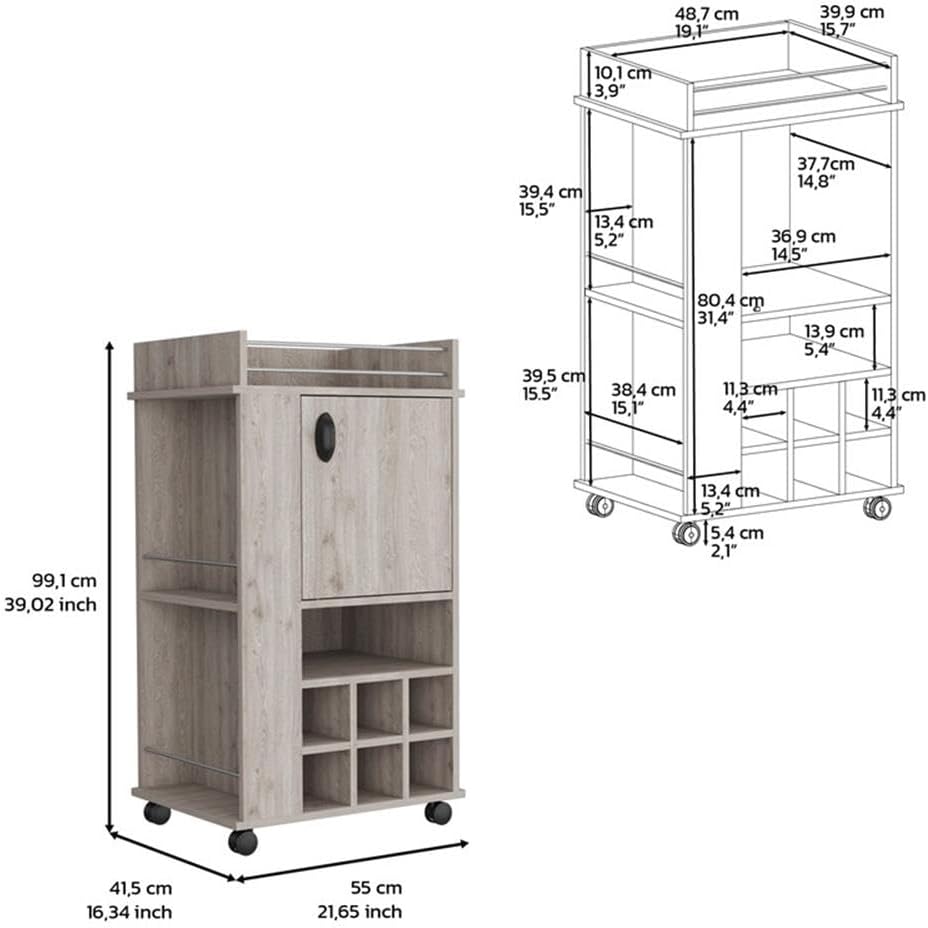 Pemberly Row Engineered Wood Bar Cart, Gray Finish, 6 Built-in Wine Racks, Single-Door Cabinet, 2 Shelves, Casters for Mobility, 21.65" W x 16.33" D x 38.77" H, Versatile Home Bar Storage