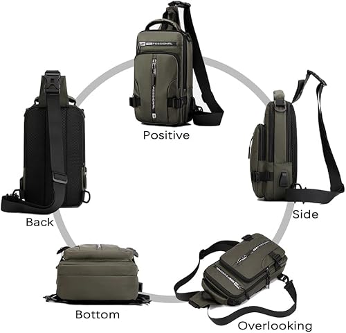 Vista 6 de Bolsa de mensajero de nailon con puerto de carga USB, impermeable, bolsa cruzada de viaje, mochila casual para hombre