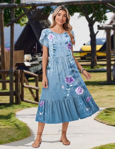 Image of Zeagoo Women Summer Midi A Line Dress Short Sleeve Casual Flowy Tiered Beach Long Sundress with Pockets 2026 Vacation Travel