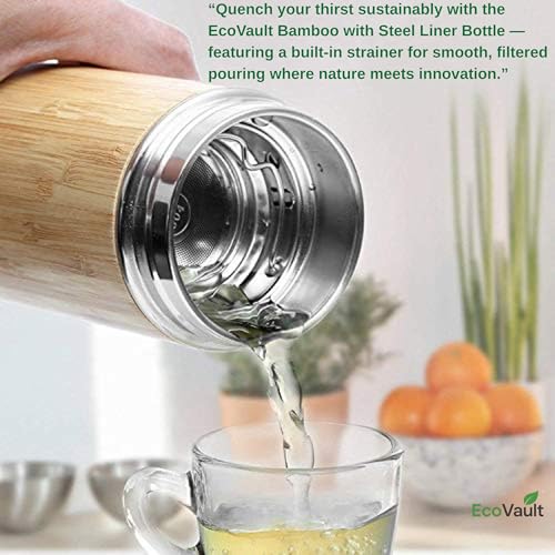 Image of Bamboo Water Bottle with Inner Stainless Steel Flask with Tea Strainer | 450ml Capacity | for Office, Travel, School & Home | Durable & Suitable for All