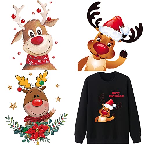 3PCS Christmas Elk Iron On Transfer Patches for Clothing Design Cute Cartoon Elk Heat Transfer Paper Stickers for Women Girls Boys Christmas Clothes T-Shirt Jacket DIY Washable Decoration Applique