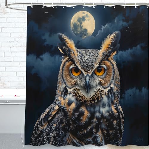 cromcu Rideau de douche pour salle de bain avec 12 crochets, motif hibou et lune, rideau de douche en polyester, lavable en machine, imperméable, pour enfants et...