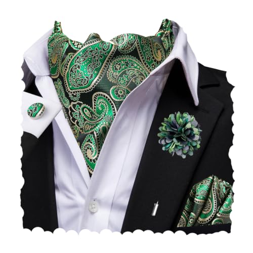 Image of Hi-Tie Silk Ascot for Men Self Tie Men's Cravat and Flower Lapel Pin Handkerchief Cufflinks Set for Wedding Party