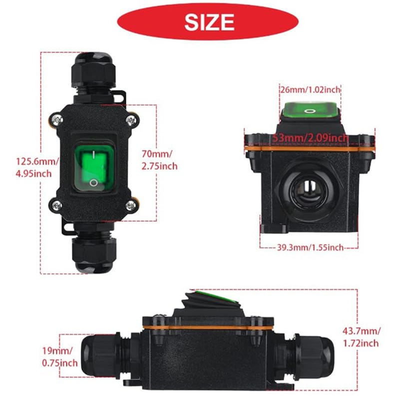 Miniatura 4 de Meskliu Interruptor de cable en línea impermeable, DPST DC 16A-24V, 20A-12V Interruptor de parada de arranque al aire libre, interruptor de palanca