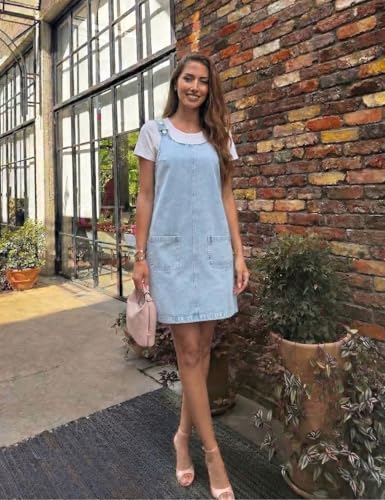 Image of Xaspee Denim Overall Dress for Women Casual Mini Sleeveless Jean Vintage Jumper Skirt Dress with Pockets