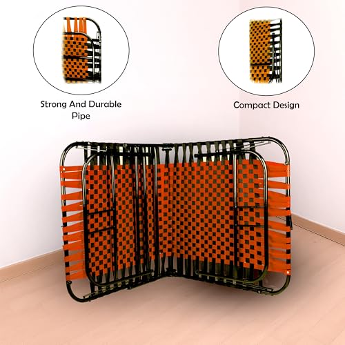 Image of Casa Copenhagen, Portable Single Folding Bed Heavy Duty Metal Cot Khat for Sleeping Bed Space Saving Design Sturdy Synthetic Niwar feet - Orange & Jet Black