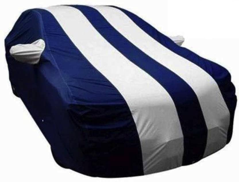 Image of Carigiri White and Navy Blue Car Body Cover for Renault Kwid(Triple Stitched,Mirror Pockets,UV Resistant,Dustproof)(Models-2015, 2016, 2017, 2018, 2019, 2020, 2021,2022)