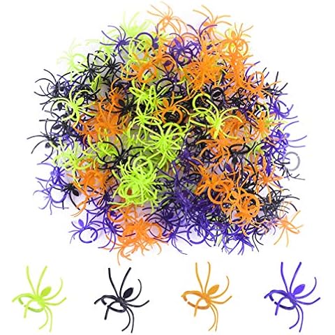 Tanlee 300 Pieces Halloween Plastic Spider Ring Stretch Spider Web Decor Table Scatter Cupcake Topper for Halloween and Spider Themed Party supplies Cover