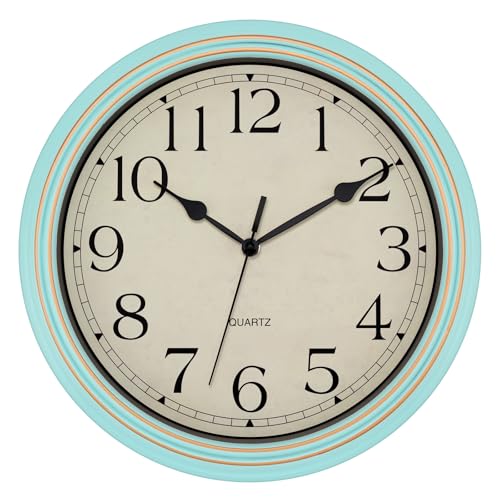 Image of Foxtop 14 Inch Wall Clock Battery Operated Silent Non-Ticking Round Classic Vintage Retro Wall Clock Decorative for Living Room Kitchen Home Office (Light Turquoise)