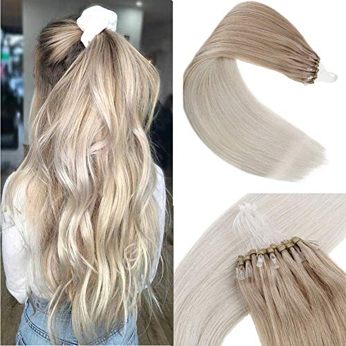 Micro Ring Loop Hair Extensions Ombre Ash Blonde Fading to Platinum Blonde 18 Inch 1g/strand 50g