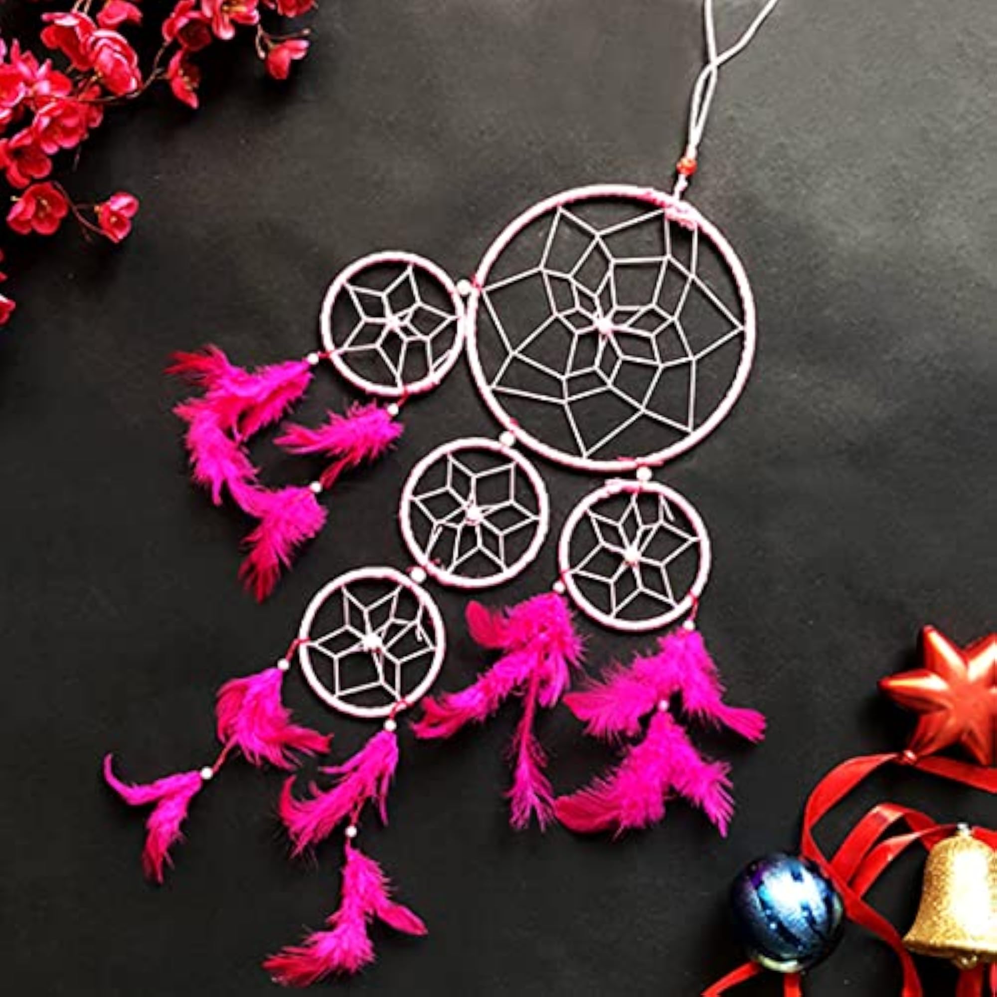 Feng Shui Five Ring Pink Dream Catcher Wall Decor
