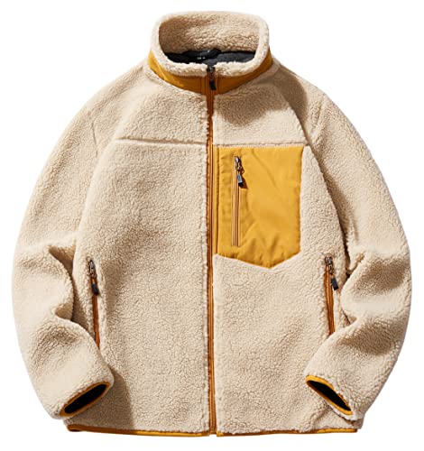 chouyatou Men's Winter Stand Collar Contrast Zip Pocket Fuzzy Sherpa Warm Zip Up Fleece Hoodie Jacket