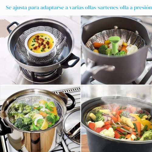 Miniatura 7 de Consevisen Cesta De Vapor De Verduras Para Cocinar Alimentos, Cesta De Vapor Vegetal De Acero Inoxidable Para Olla, Inserto De Vapor Plegable Expandible Con Mango Extensible Para Ollas De Varios