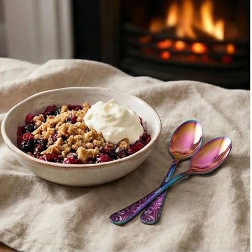 Image of 6.7 inch Rainbow Dessert Spoons with Floral Printed Handle | Set of 5 Durable Stainless Steel Teaspoons | Mirror Polished Silverware for Home, Restaurants, and Gift Giving