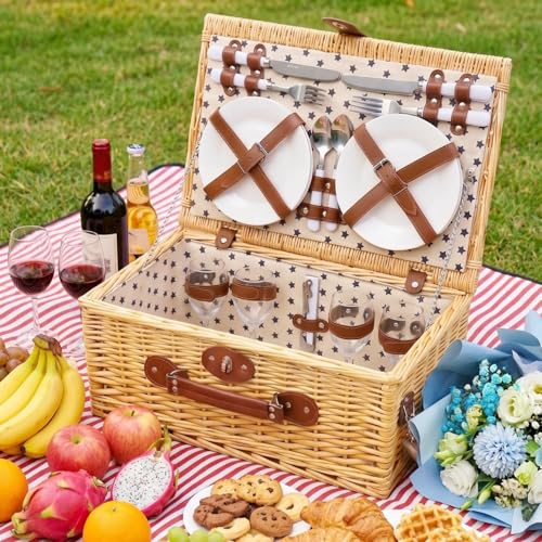 Image of Multifunctional Wicker Picnic Basket Set for 4 Blanket Family Folding Wine Table,Insulated Portable Extra Big Storage Capacity Woven Rattan Canasta De Full Tablewares Camping Outdoor Flowers Star