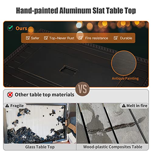 Vicluke-Aluminum-Fire-Pit-Table-Propane-Fire-Pit-Table-for-Outside-44in-50000-BTU-Auto-Ignition-Gas-Fire-Table-w-CSA-Certification-Hand-Painted-Table-Top-Wind-Guard-Cover-Glass-Beads-Brown