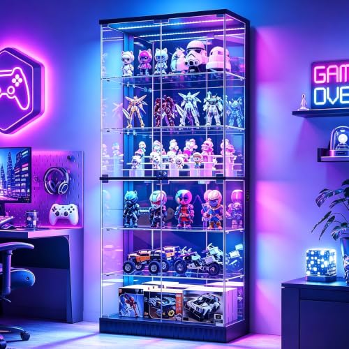 Lvifur 71" Tall Glass Display Cabinet with RGB Lights for Living Room,Black