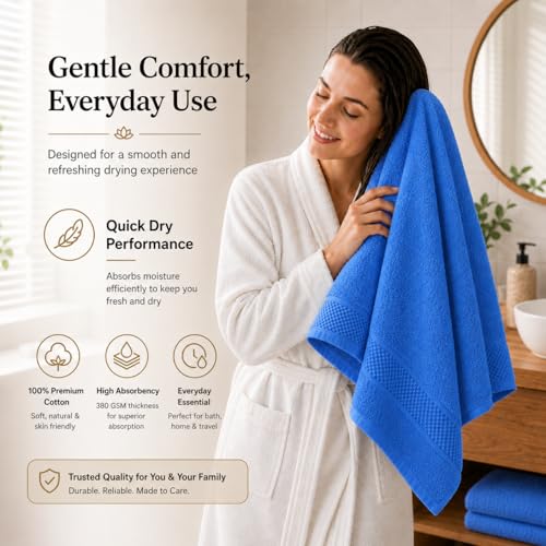 Image of 100% Pure Cotton Bath Towel for Men & Women | 380 GSM Ultra Soft, Highly Absorbent & Quick Dry Bath Towel | Large 55 x 28 Inch Matty Terry Towel for Bathroom, Gym, Travel & Daily Use | Dark Blue