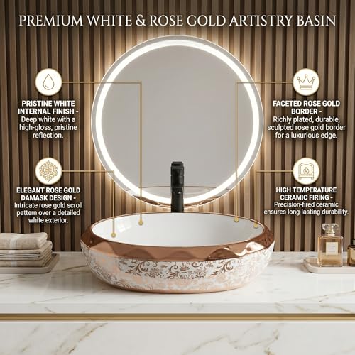Image of BASSINO 24x16x5 Inches Table Top Washbasin /1 Year Warranty /Ceramic Wash Basin for Bathroom /Oval Counter Top Wash Basin for Dining Hall /Living Room /Designer Vessel Sink(Glossy White & Rosegold)