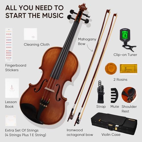 Image of PHOENIX Violin 4 /4 Full Size Set, Fiddle Solid Wood for professional Beginners Adults with Ironwood Octagonal Bow & Rosewood Bow Extra strings & Bridge, 2 Rosins, Tuner, Mute, Case