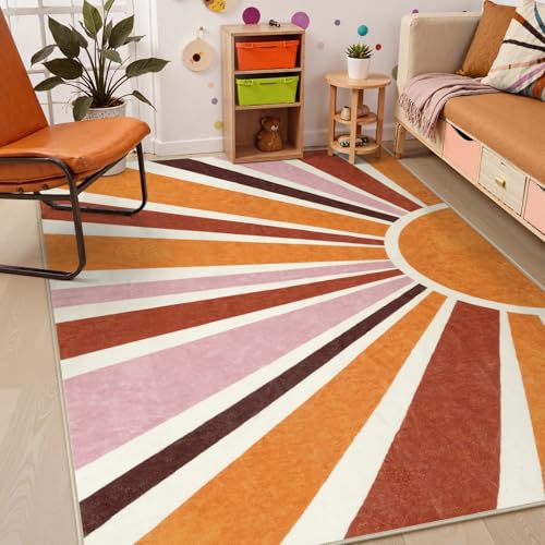 LIVEBOX Sun Boho Rug 5x7 Large Washable Retro Orange Rug