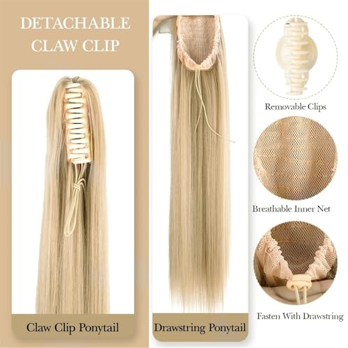 Extension queue de cheval postiche cheveux synthétiques blond lisse long 18 pouces - 2