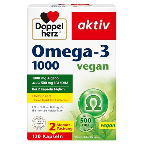 Doppelherz Omega-3 1000 vegan - Hochdosierte Omega-3-Fettsäuren EPA und DHA aus pflanzlichem Algenöl - 120 kleine, leicht schluckbare Kapseln