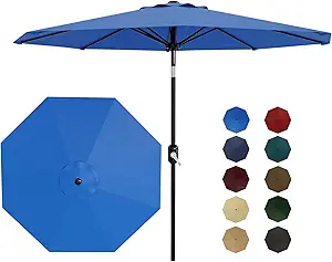 Garvee 9ft Patio Umbrella with Crank Lift & Push Button Tilt, Table Umbrella Outdoor Patio 8 Sturdy Ribs for Yard, Deck, Pool, Azure