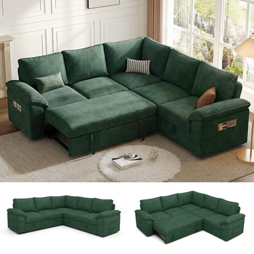 Image of 85 Inch Modular Sectional Sofa with Pull Out Bed, L Shaped 5 Seat Sectional Sleeper Sofa with Storage, Sectional Couches for Living Room, Cloud Modular Couch,Removable Sofa Cover,Green